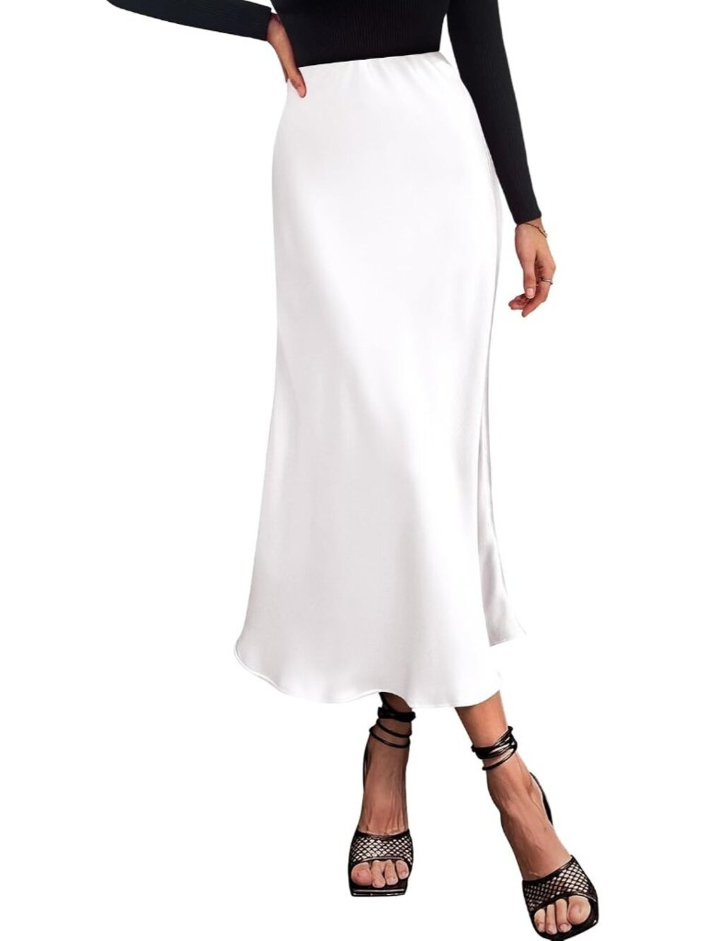 Women's White Polyester Elastane High Waist Satin Lightweight A-Line Long Skirt